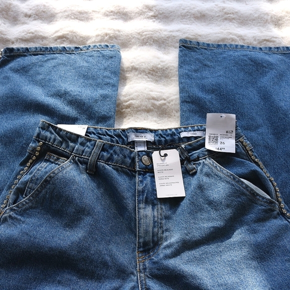 Forever 21 Rhinestones Trim Cargo Baggy Jeans Straight Leg High Rise, Size 26 - Picture 3 of 8